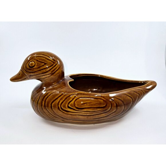 Vintage Ceramic Duck Planter Vase Brown Glaze Pottery - Picture 1 of 8